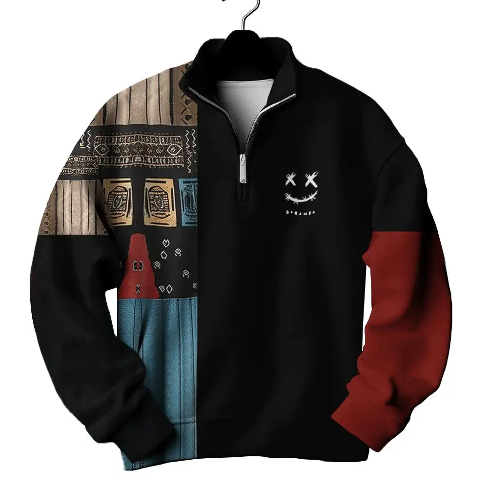 

Fashion Zipper Sweatshirts For Men 3d Patchwork Print High-Quality Men's Clothing Daily Casual Long Sleeved Loose Oversized Tops