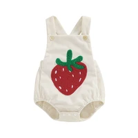 Infant Baby Girl Boy Overalls Rompers Summer Rainbow/Strawberry Embroidery Sleeveless Square Neck Suspender Ribbed Romper 1