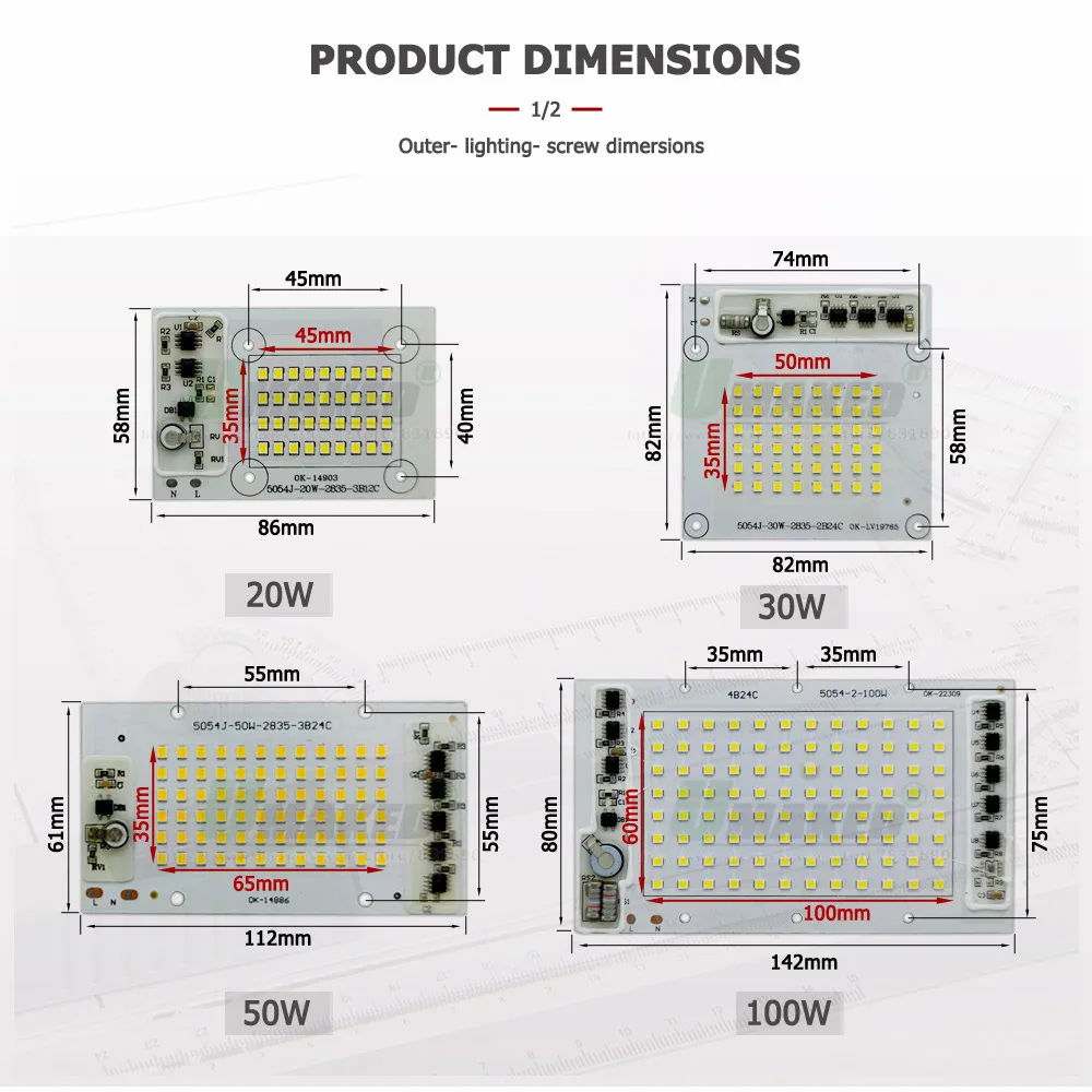 Led flood light AC220V IC Drive LED PCB Floodlight Plate 20W 30W 50W 100W 150W Full Power Light Source Panel for Outdoor Lamps Replace DIY Chips