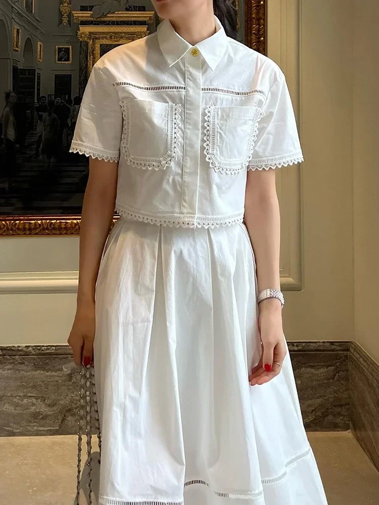 Elegant Two Piece Sets for Women Lapel Short Sleeve Tops High Waist A Line Pleated Skirts Solid Set Female Summer 2024  Dress
