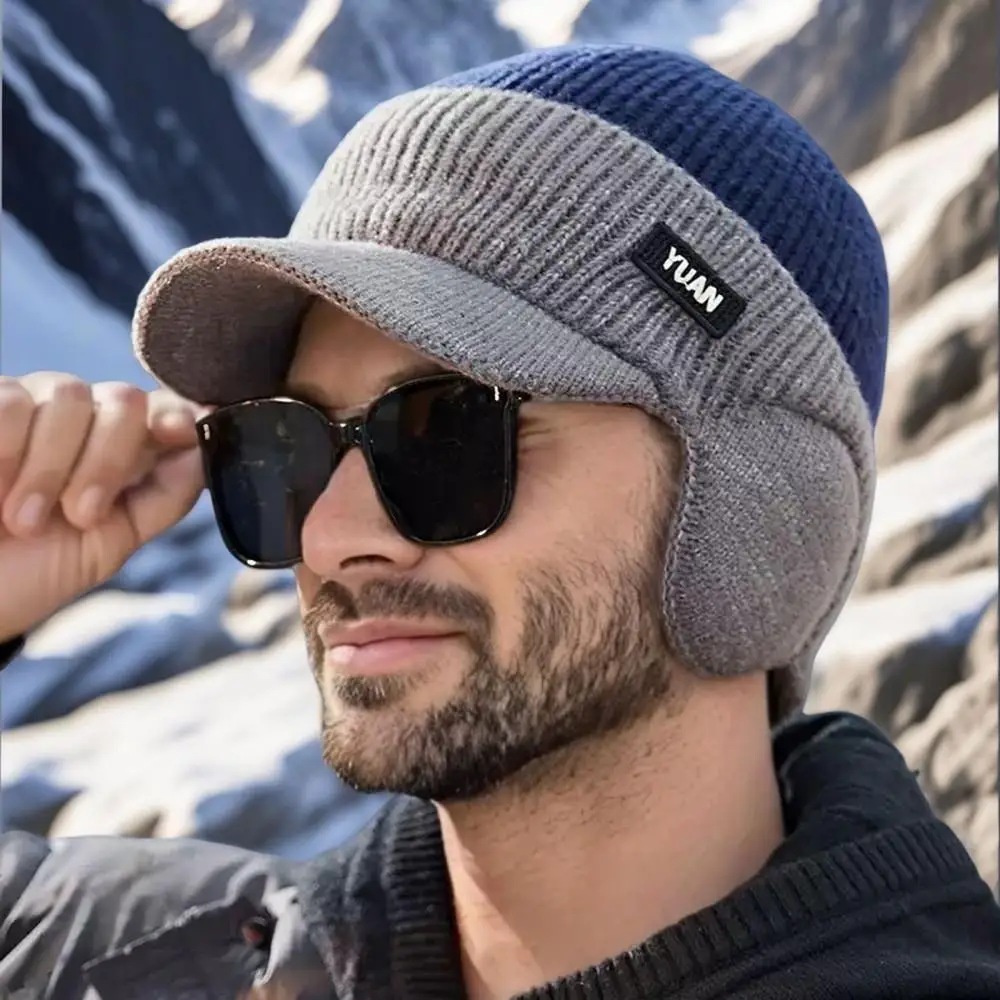 Men Winter Knitted Hat Outdoor Windproof Ear Protection Beanie Fleece-Lined Keep Warm Winter Cap Soft Plush Earflap Baseball Cap