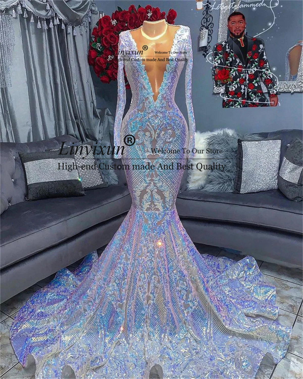 

Sparkly Mermaid Prom Dress Shiny Sequin Backless Full Sleeve Evening Party Gown 2022 For Black Girls Aso Ebi robes de soirée