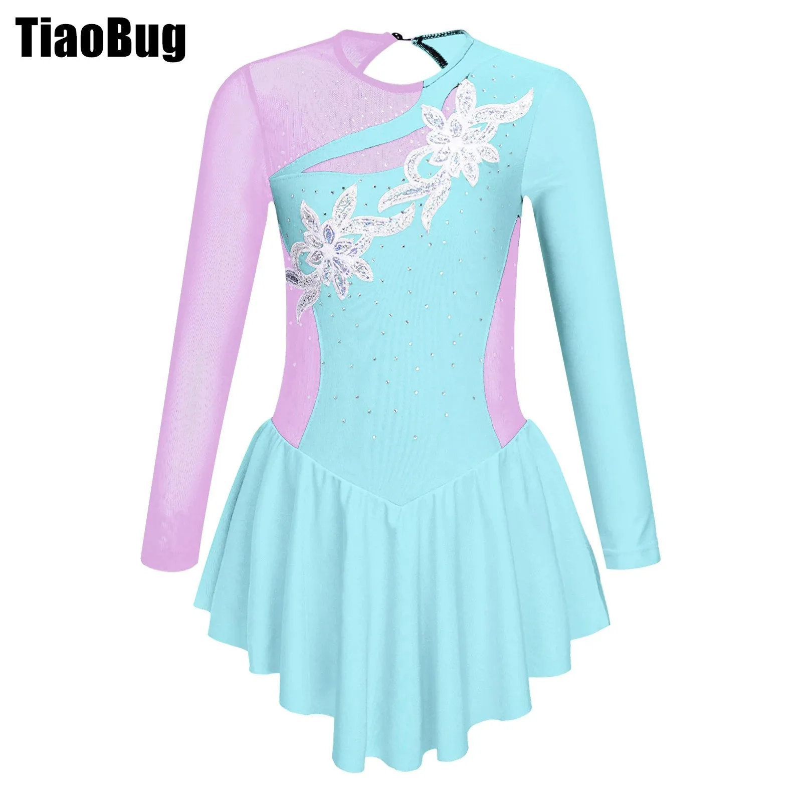 

Kids Girls Skating Dance Dress Hollow Back Patchwork Style Long Sleeve Round Neckline Shiny Rhinestone Flower Decorated Dress