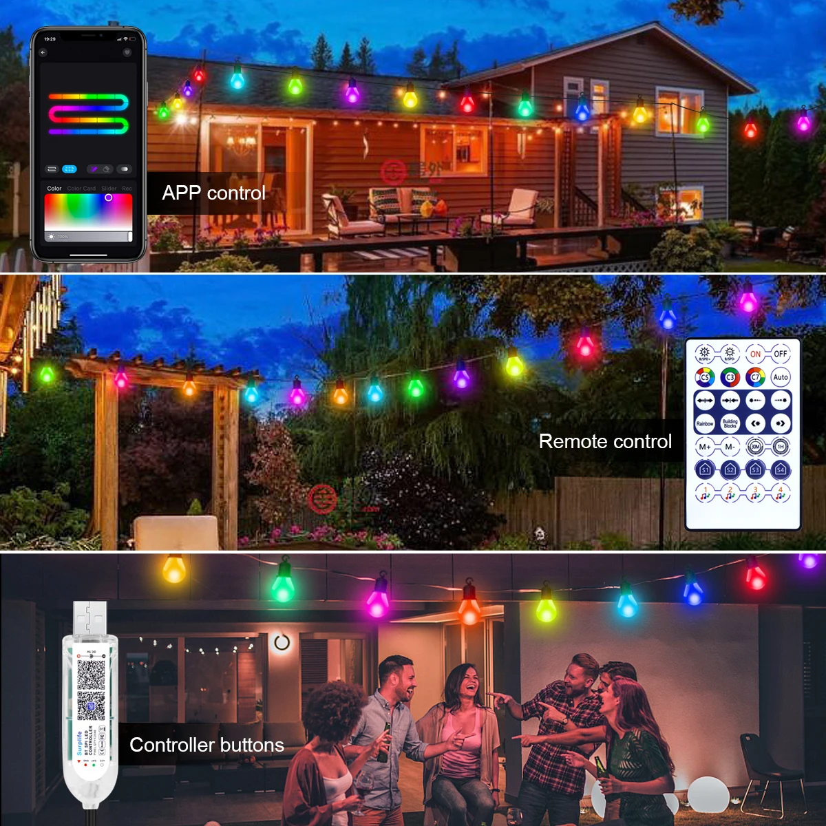 스마트 와이파이 LED 전구 스트링 라이트 USB 15M 25개 전구 요정 조명 가정 방 야외 정원 크리스마스 장식 RGBIC LED 가랜드 램프