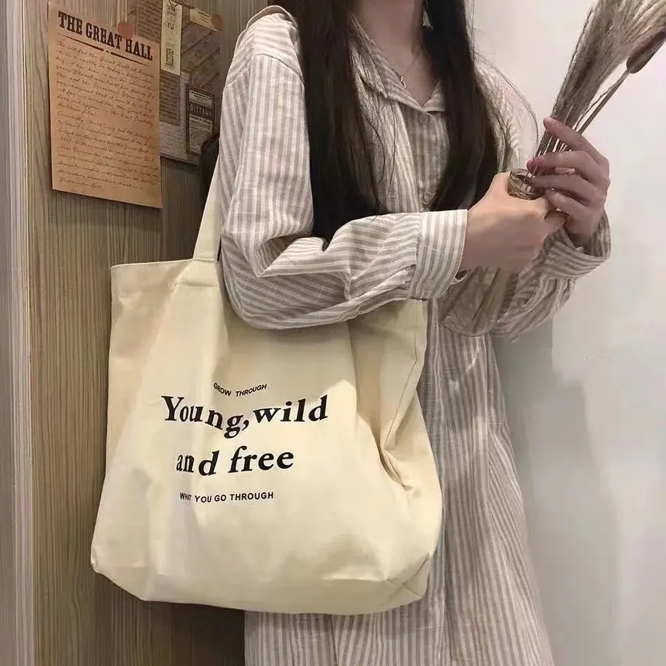 Closeout!Korean Ins Wind Simple Casual Canvas Bag Students Classes Large Capacity Letter Shoulder Canvas Bag