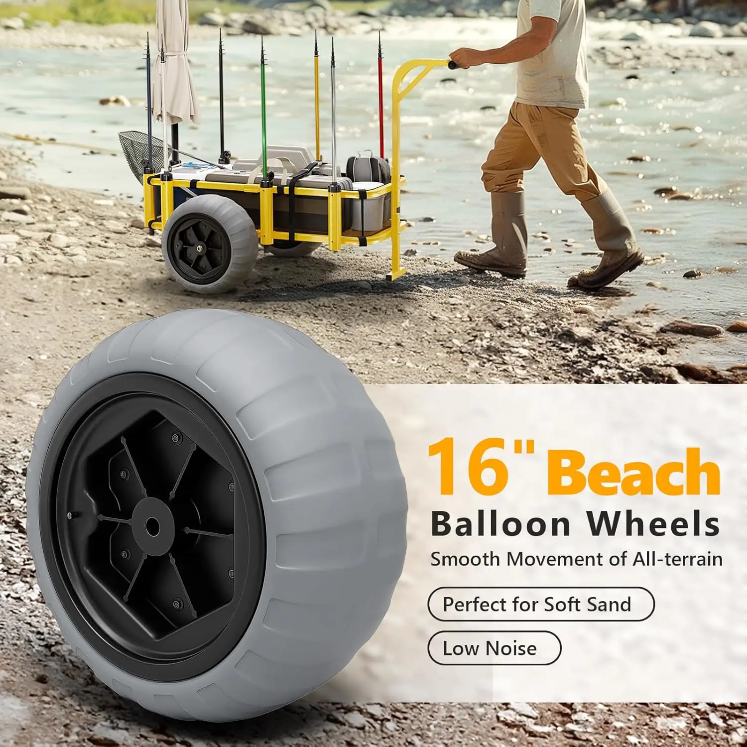 Bonnlo Beach Fishing Cart, Beach Wagon Trolley with 16" Big Balloon Wheels for Sand, Foldable Trailer with Large Cargo