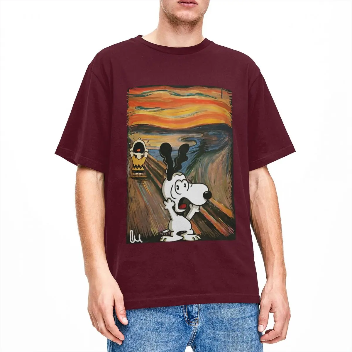 thumbnail image 1 of Camiseta de algodón divertida para hombre, con estampado artístico de Peanuts, Charlie Brown, Scream, Snoopy, camisetas hippies de verano con cuello redondo, camisetas informales de gran tamaño, 1 of 5