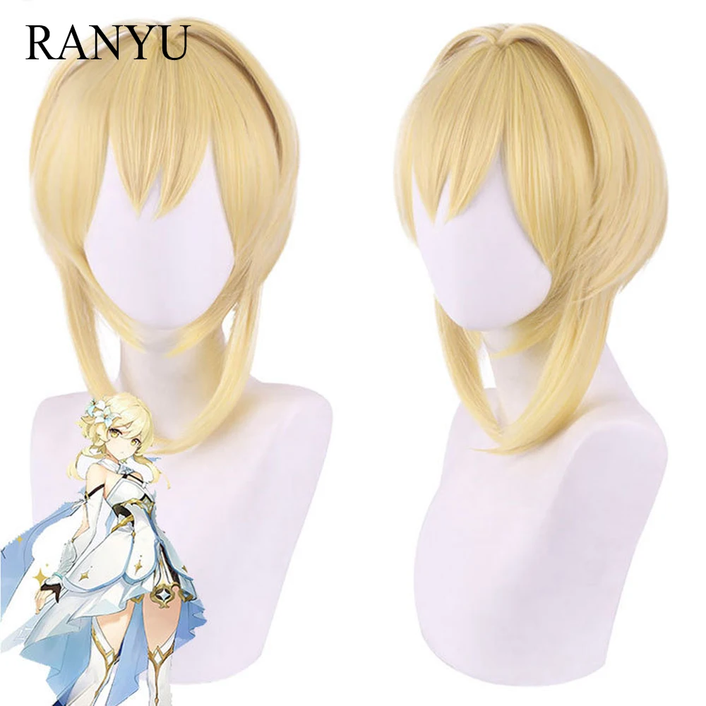 RANYU Genshin Impact Lumine Wig Synthetic Short Straight Blonde Yellow Game Cosplay Hair Heat Resistant Wig for Party ranyu genshin impact mika wigs synthetic short straight blonde yellow gradient game cosplay hair wig for party