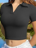 Summer Women's Short Sleeve Polo Shirt V-Neck Cropped Top Casual Knitted Solid Color T-Shirt - Image 6