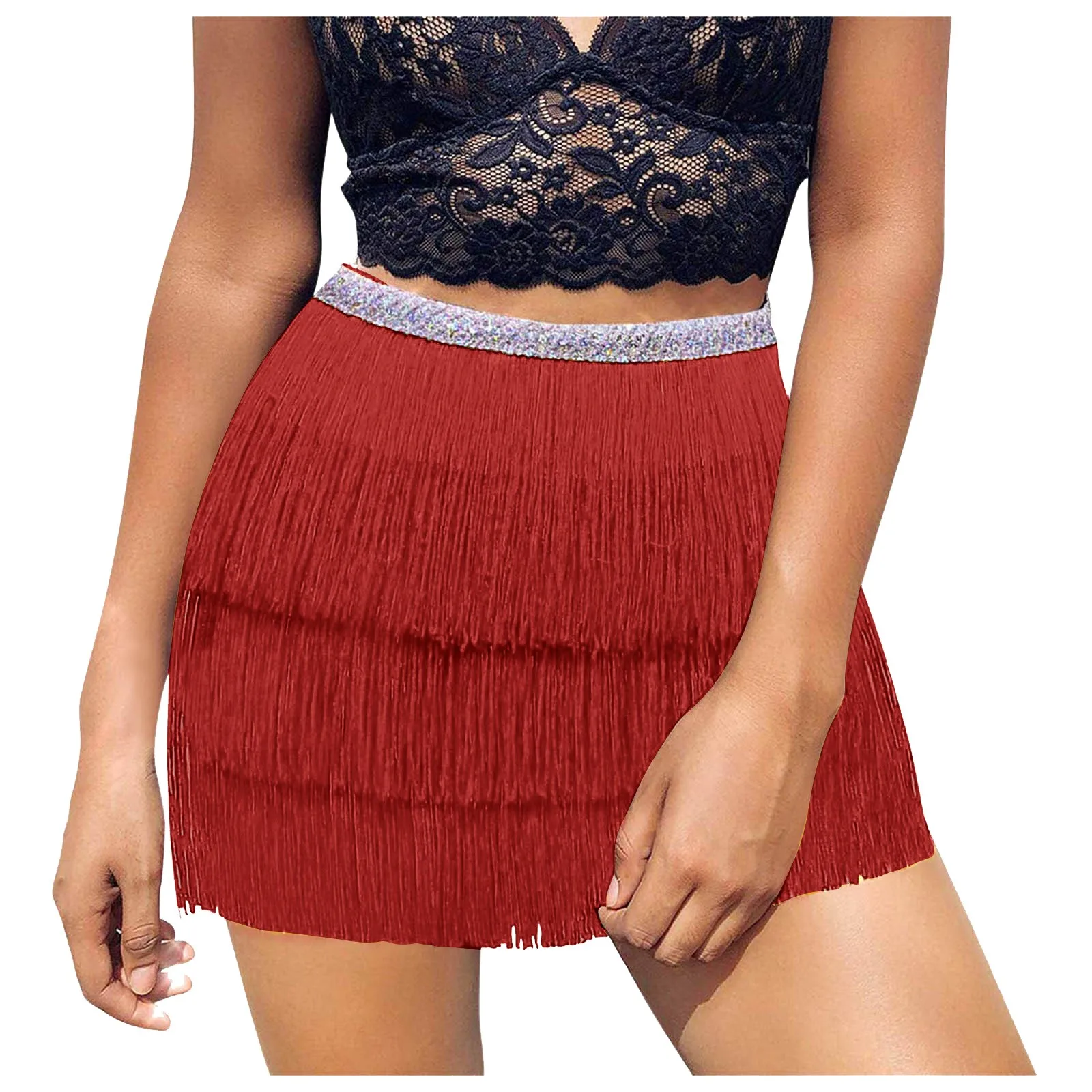 Women Sequin Belly Costume Skirt Carnival Tassel Skirt Club Mini Skirt Features: High Waist Summer Vintage Mini Skirts 3