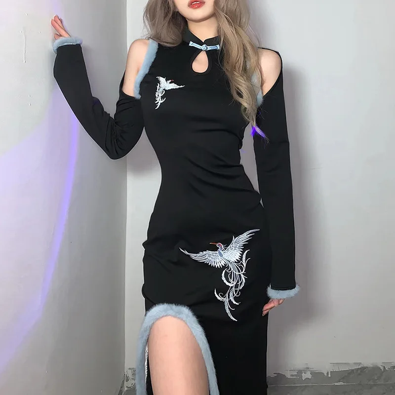 

Y2k Exquisite Embroidered Tight Cheongsam Dress Dark Gothic Long-sleeved Plush Split Dresses for Women Vintage Club Clothing