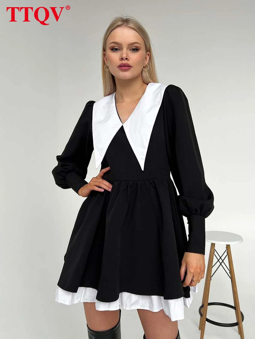 

TTQV Fashion Doll Collar Black Dresses For Women 2022 Casual Lantern Sleeve Office Mini Dress Ladies Elegant Patchwork Dress