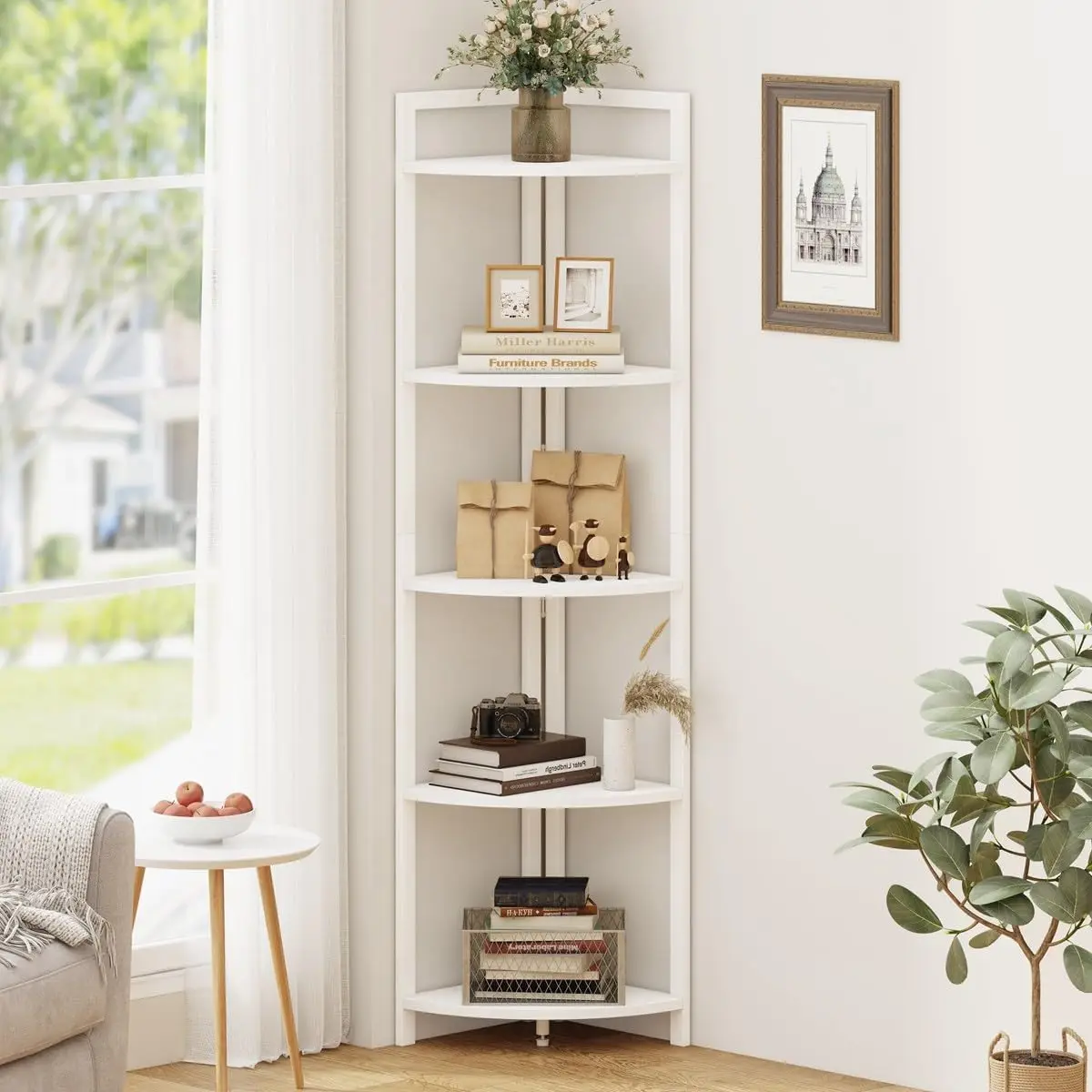 Tall Corner Shelf, 5 Tier Modern Corner Bookshelf Stand, Wood and Metal Plant Bookcase
