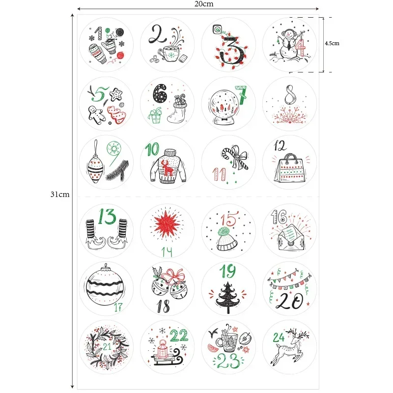 24 Pcs/set Merry Christmas Advent Calendar Number Paper Sticker Cookie Candy Seal Stickers DIY Gift Packaging Labels Xmas Decor