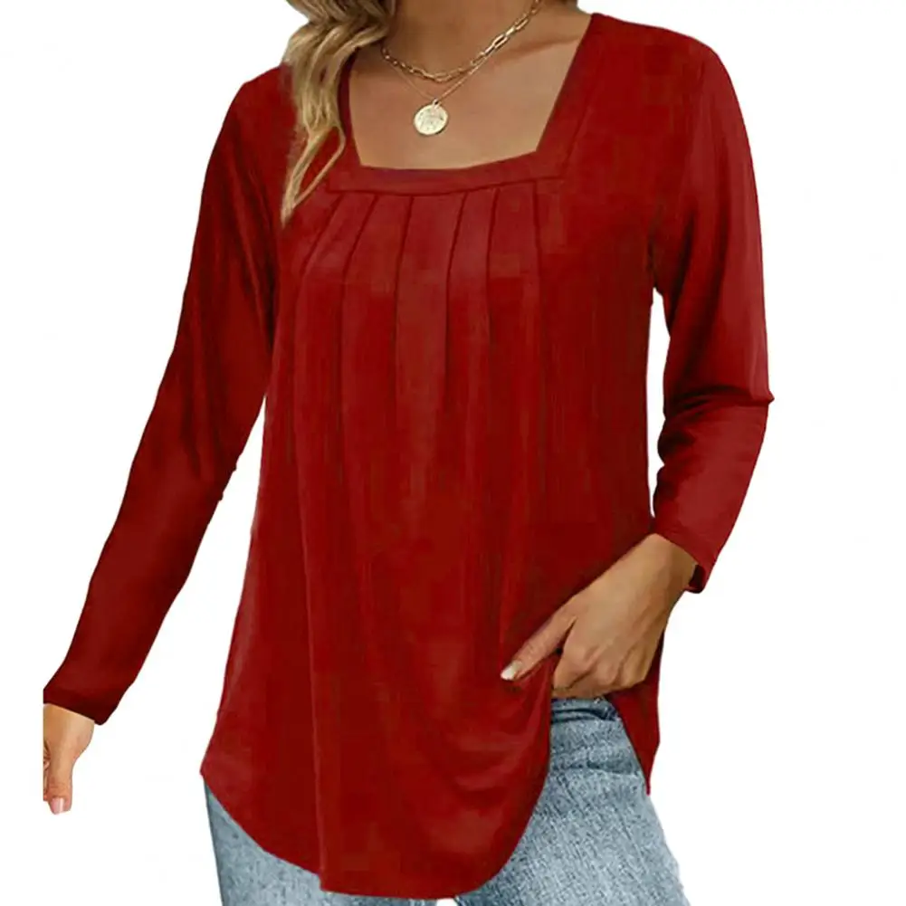 

Versatile Comfortable Women Fashion Top Stylish Autumn Women's Square Neck Pullover Pleated Detail Solid Color Loose for Office