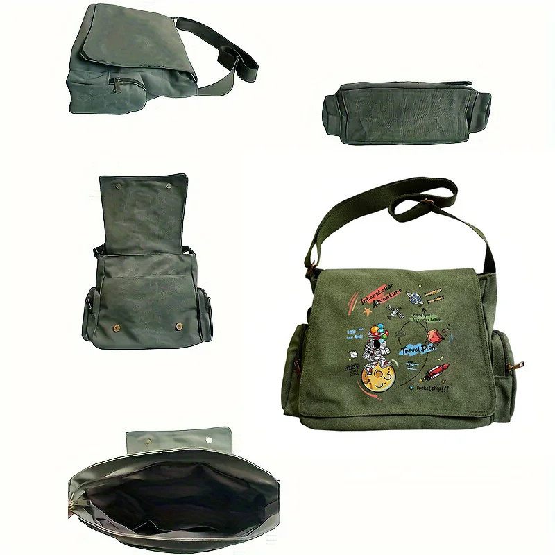 Large Capacity Retro Space Themed Crossbody Bag Adjustable Shoulder Straps Flip Cover Design Daily Commuting, Traveling