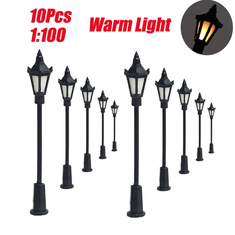 10Pcs Model Railroad Street Lamps OO Scale 1:75 1:100 1:150 Warm White LEDs Street Light Model Building Layout Scenery LED Lamp
