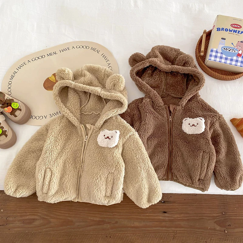 Plush baby girls boys jacket spring autumn keep warm zipper hooded outerwear cute rabbit bear infant coat 0-5 years kids clothes