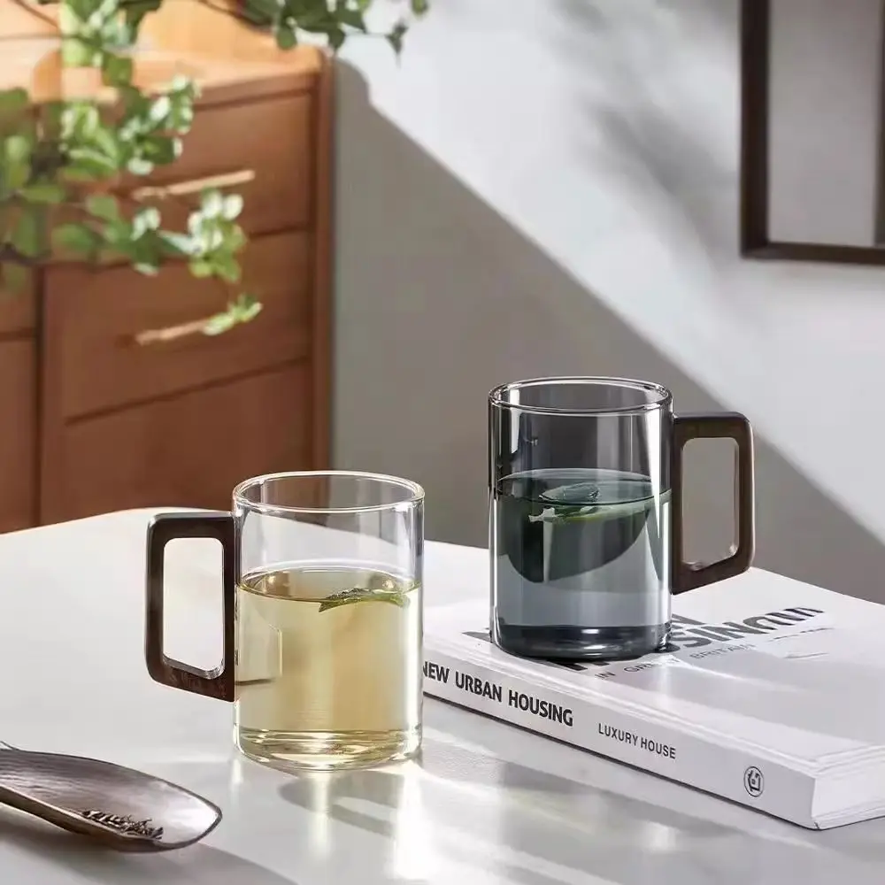 Kaffeetasse aus Glas mit Holzgriff, hitzebeständig, großes Fassungsvermögen, Trinkwasser-Teetassen-Set, 400 ml – Detail 2