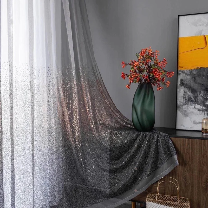 NORNE Paillette Style Gradient Window Shining Sheer Curtains for Living Room Bedroom Voile Lace Tulle Cortinas De Dormitorio 