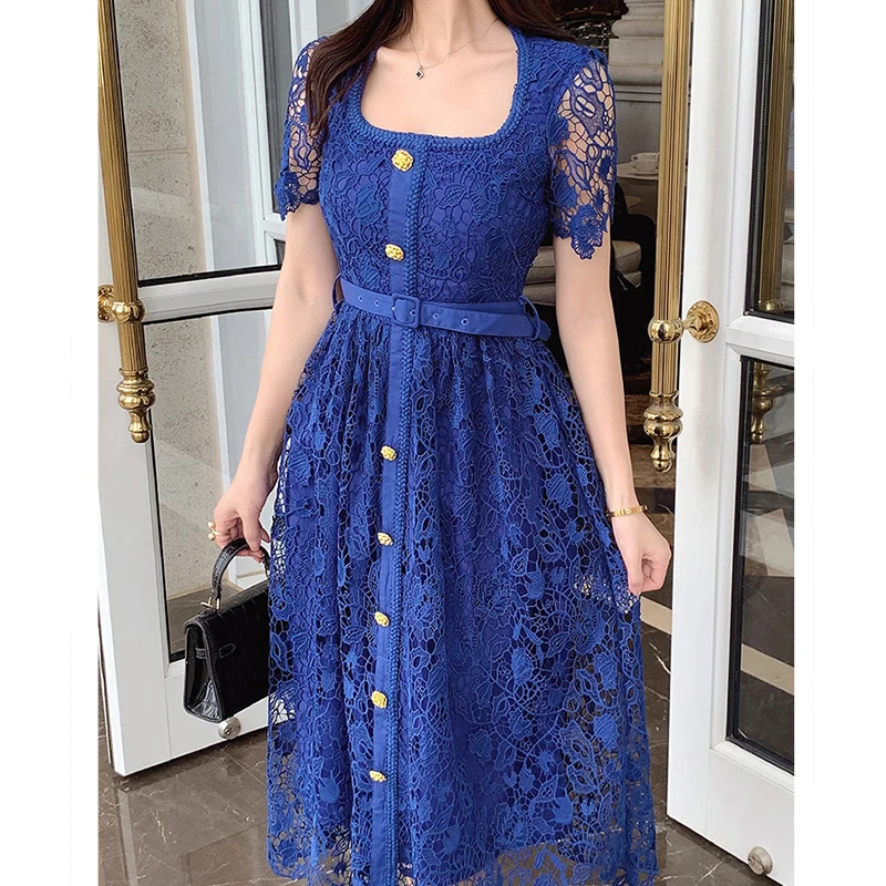 

Chic Blue Lace Luxury Dress Women 2023 Summer Golden Button Hollow Out Elegant Party Dresses Female Streetwear Vestido Mujer