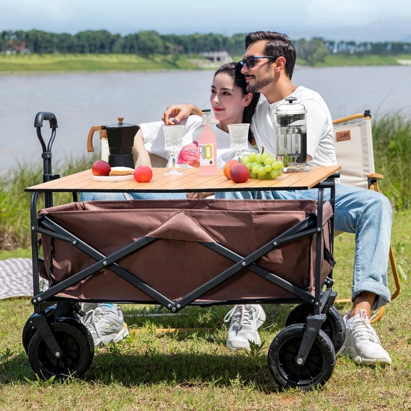 Collapsible Folding Wagon Cart with Big All-Terrain Wheels, Heavy Duty Foldable Beach Cart with Brakes, Utility Grocery