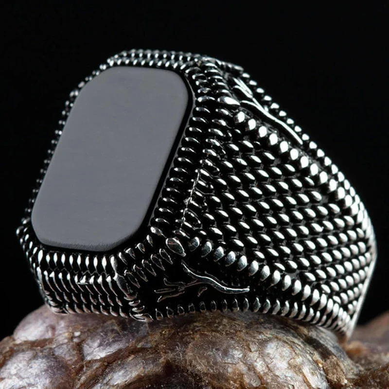 Handmade Signet Turkish Men Ring Vintage Trendy Two Tone Inlaid Black Zircon Metal Eagle Punk Rings Wedding Party Retro Jewelry - Image 5