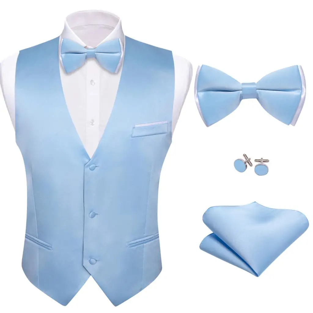 

Designer Mens Vest Sky Blue Solid Plain Silk Waistcoat Bowtie Set Wedding Party Formal Sleeveless Jacket Barry Wang