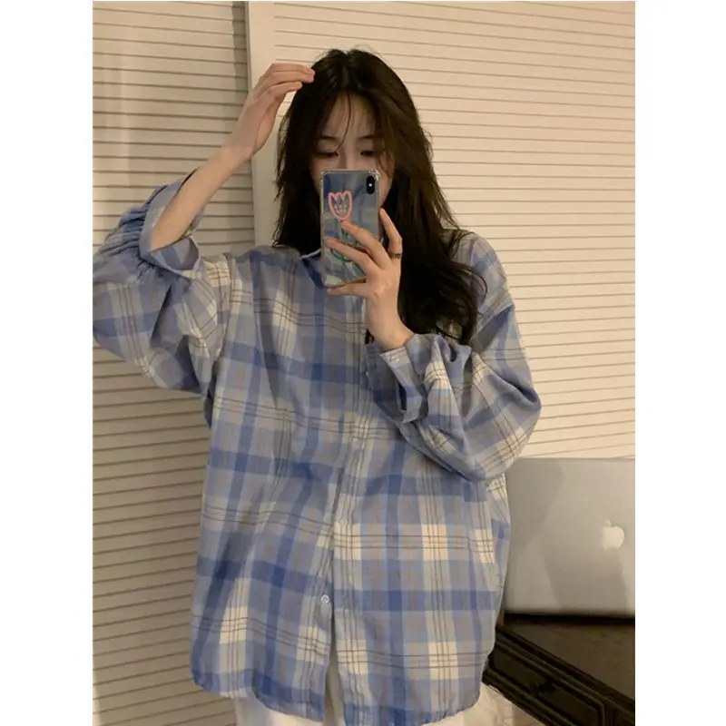 

Blue Plaid Shirt Women's Oversize Casual Loose Bf Early Spring Design Sense Long Sleeve Shirt Coat Trendy Top