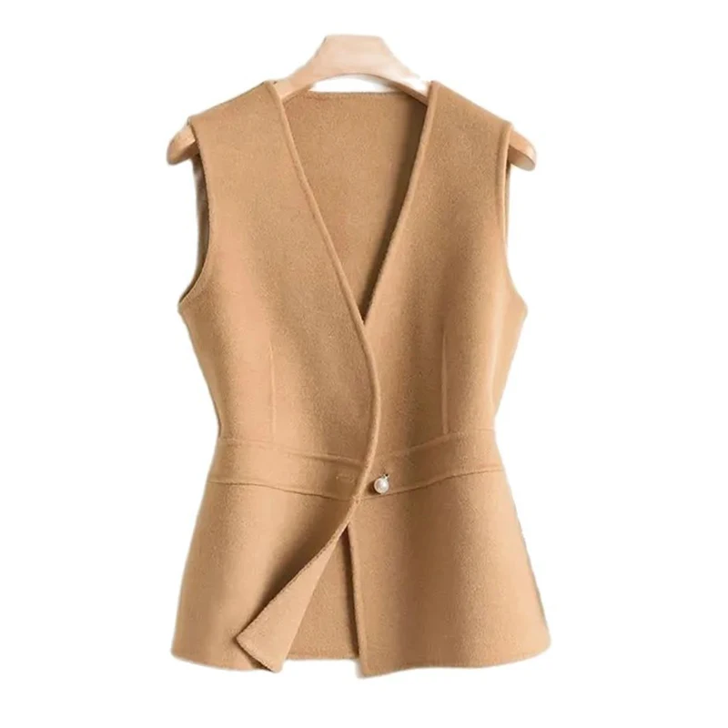 

Fashion Woolen Vest Women Waistcoat Tops V-Neck Sleeveless Woolen Coat 2024 New Spring Autumn Slim Short Vest Jacket All Match