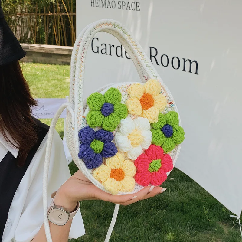 

Летняя новая модная плетеная Сумка из хлопка с цветами, модная маленькая круглая сумка, сумка через плечо для девушек