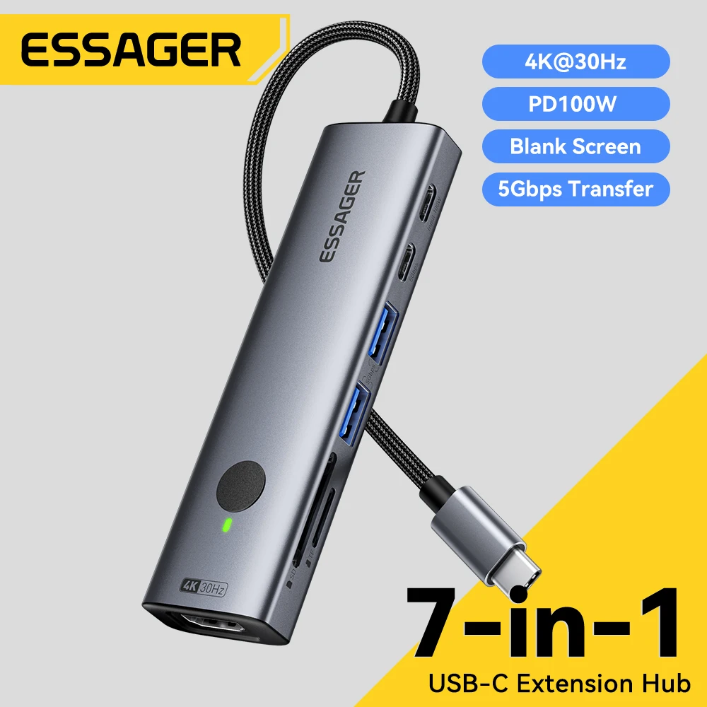 Essager 7-IN-1 USB C HUB USB C Docking Station Disk Enclosure PD100W USB3.0 5Gbps Type-C to HDMI Adapter For Macbook Pro Xiaomi