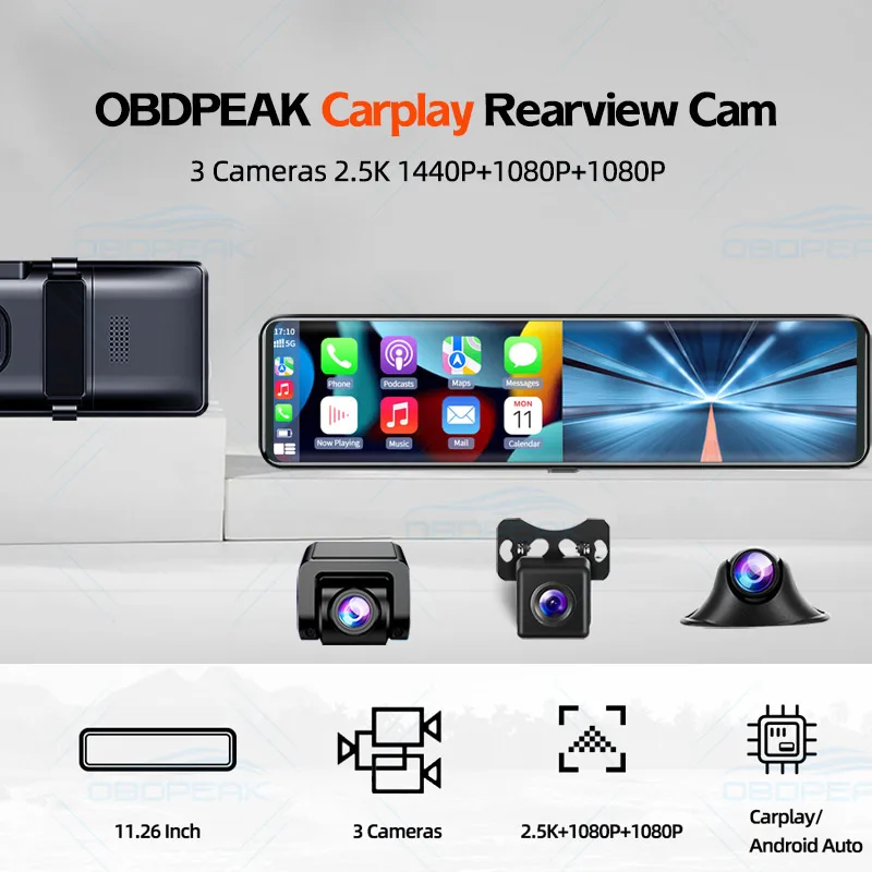 Mirror Dash Cam Wireless Apple Carplay Android Auto, 11.26 Touch Screen  Mirror Backup Camera Front and Rear View Dual Cameras Voice Control Loop