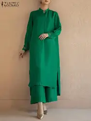 ZANZEA Retro Wide Leg Trousers Outfits Women Solid 2PCS Pant Sets 2023 Autumn Irregular Split Hem Long Shirt Suits Oversized Set