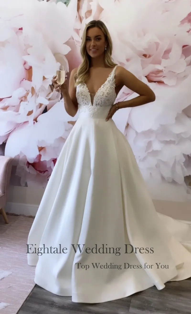 Eightale New Wedding Dresses V-Neck Appliques Lace Customized A-Line Satin Princess Bridal Gown White Ivory hochzeitskleid 4