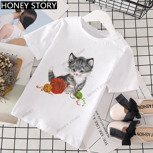 thumbnail image 1 of Cartoon Cats Kid Pink T Shirt Cartoon Cat Print Western Style T-shirt Short Sleeve for Boys and Girls Stranger Things Clothes, 1 of 5
