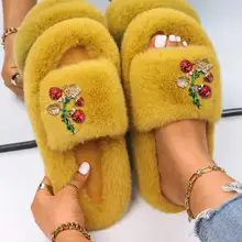 

Women's Slippers Fluffy Slides Enamel Drip Oil Fruit Strawberry Faux Fur Slippers Flats Flip Flops Sandals Winter Warm Shoes