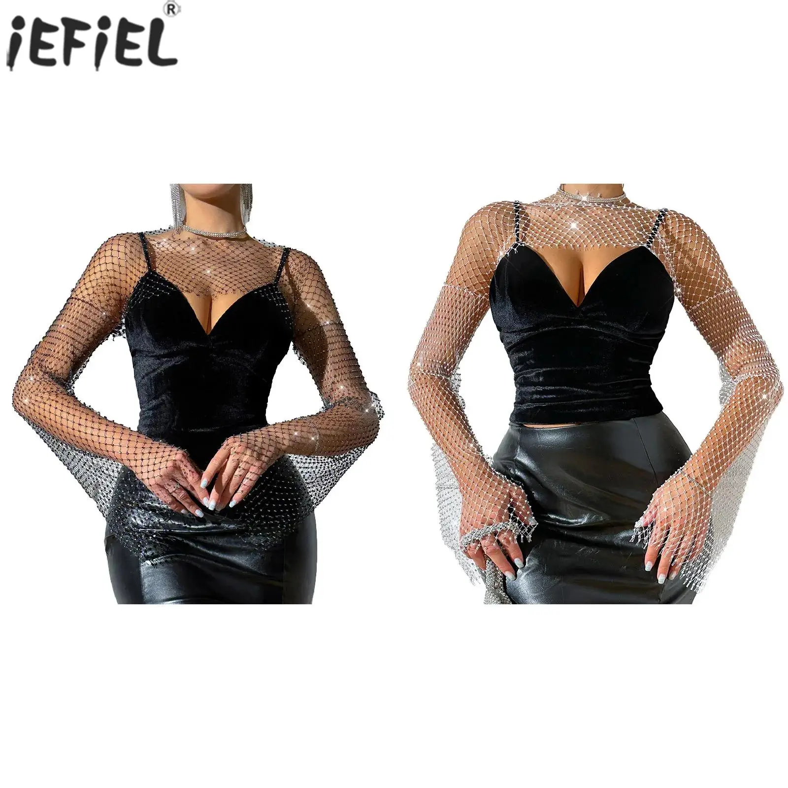 

IEFIEL Women Summer Sexy Exotic Dress Sparkly Rhinestone Long Sleeves V Neck Skeletonized Grid Slip Hip-wrapping Skirt