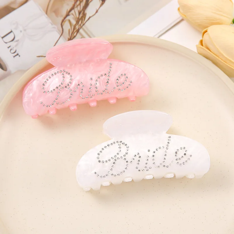 1pcs Bride Hair Claw Clip White Pink Rhinestone Bride Logo Hair Claws Grab Clips Bachelorette Wedding Bridal Shower Party Decor