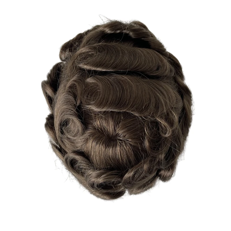 Mongolian Virgin Human Hair Hairpiece #7 Brown Color 32mm Wave Hollywood Unit 8x10 Lace with PU Toupee for White Men