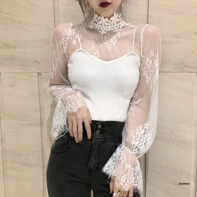 Women's See Through Mesh Tops - Long Sleeve Mock Neck Sheer Tee Top Casual  Club Party T Shirts
