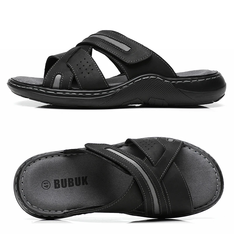 Bubuk Retro Genuine Leather Sandals, Made from Top-Layer Cowhide and Hand-Stitched, Versatile Men's Fashion Slippers for Business and Casual Wear