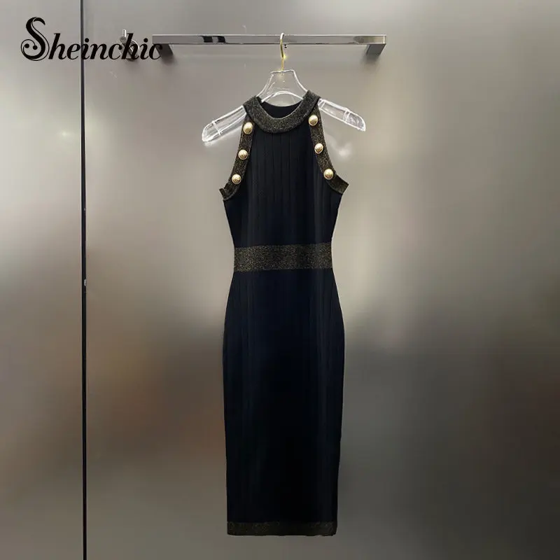 Summer Knitted Dresses for Women 2023 Luxury Gold Buttons Halter