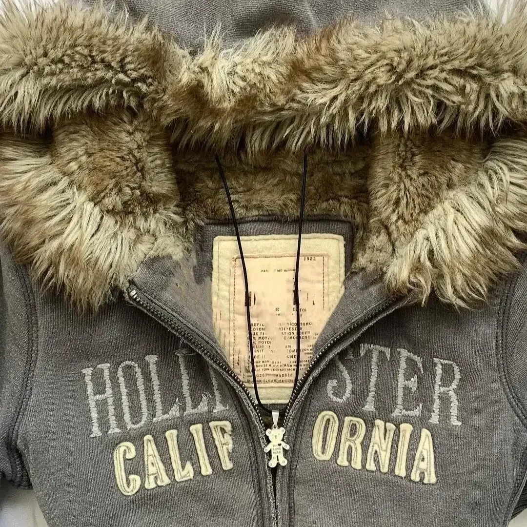 Y2K Goth Fur Collar Hooded Zipper Jacket Harajuku Letter Graphic Embroidery Slim Hoodie Autumn Winter Hot Girl Jacket Sweatshirt 4
