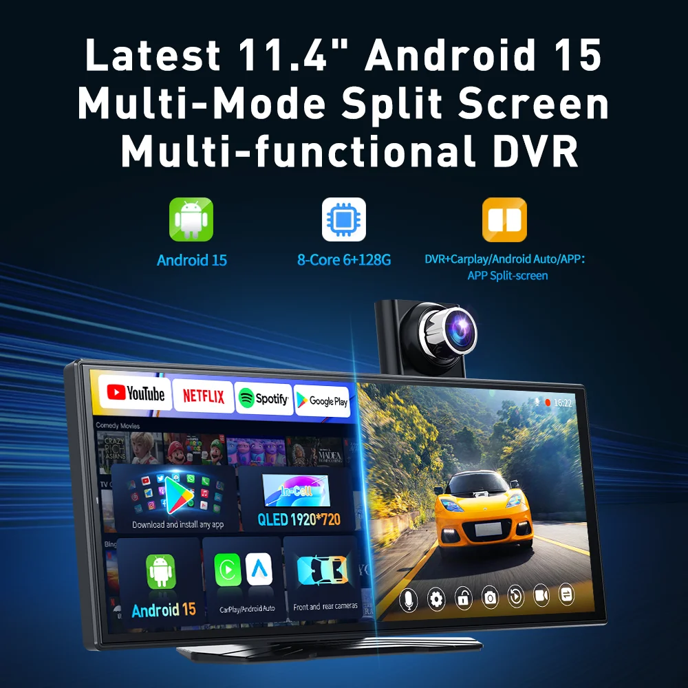 Imagebon P70Plus 11,4 Zoll Android 15 6+128G CarPlay & Android Auto Dashcam Dual WiFi Google Play DVR Smart Split-Screen Dashcam – Detail 1