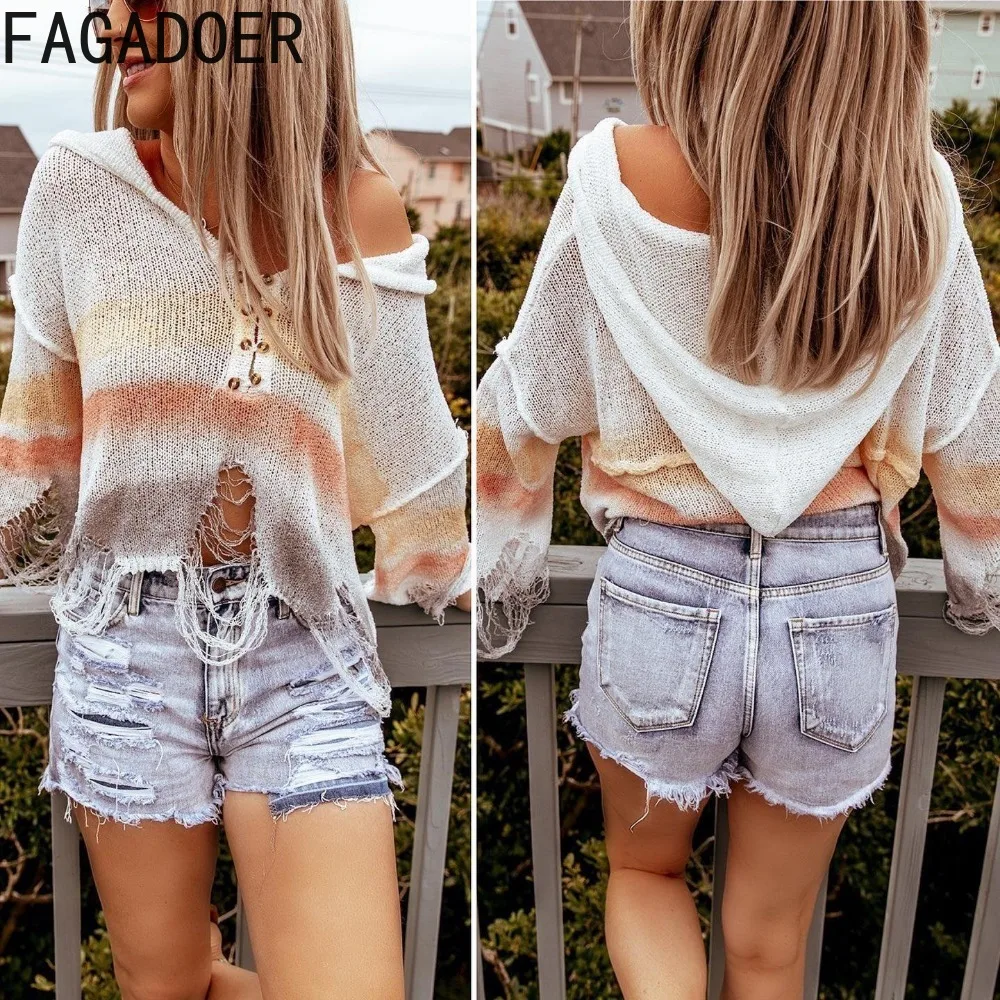 FAGADOER Fashion Hole Tassels Slim Denim Shorts Women High Waisted Button Pocket Straight Jean Female Irregular Cowboy Bottoms