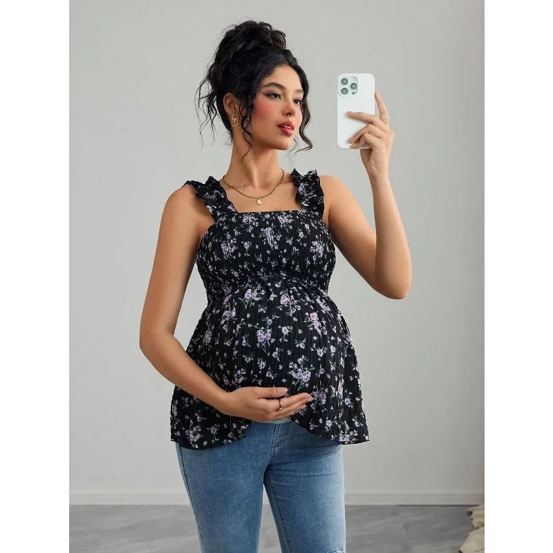 Maternity Clothing Spring and Summer New Printed Suspenders Maternity Top Square Collar A Word Maternity Vest Pregnancy Shirt - 6