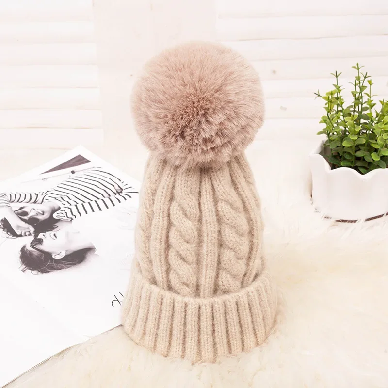 Fashion Warm Knitted Women's Hat Striped Winter Hats For Women Pink Fur Pompom Wool Beanies Thick Skullies Cap faux Pom pom Hat 3