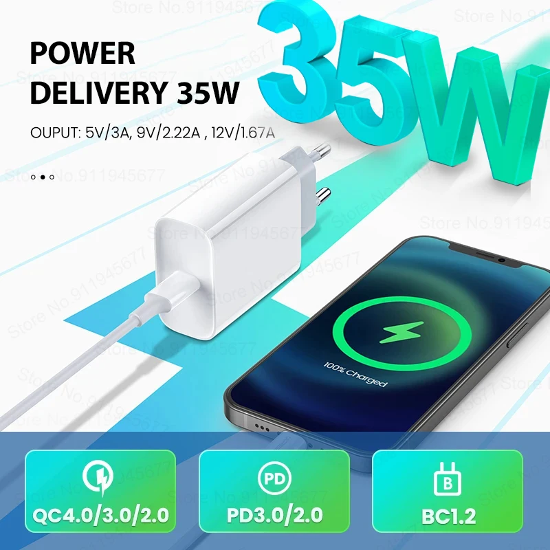 애플 아이폰용 고속 충전기, For Apple iPhone PD 35W, 14, 13, 12, 11, 15 프로 맥스 플러스, USB C 충전기, 고속 충전, 7, 8, 6, 6S, XR, XS, SE, 휴대