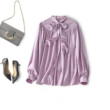 

Purple New 2022 Acetate Tops Vintage Bow Collar Shirts Women Single Breasted Spring Long Sleeve Straight Korean Fashion